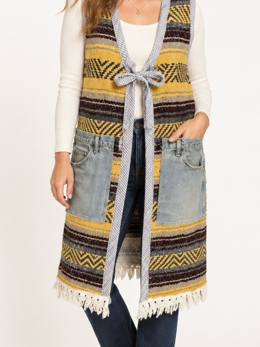 One Of a Kind Handmade Long Vest Upcycled Mexican Blanket & Denim Fringe Boho